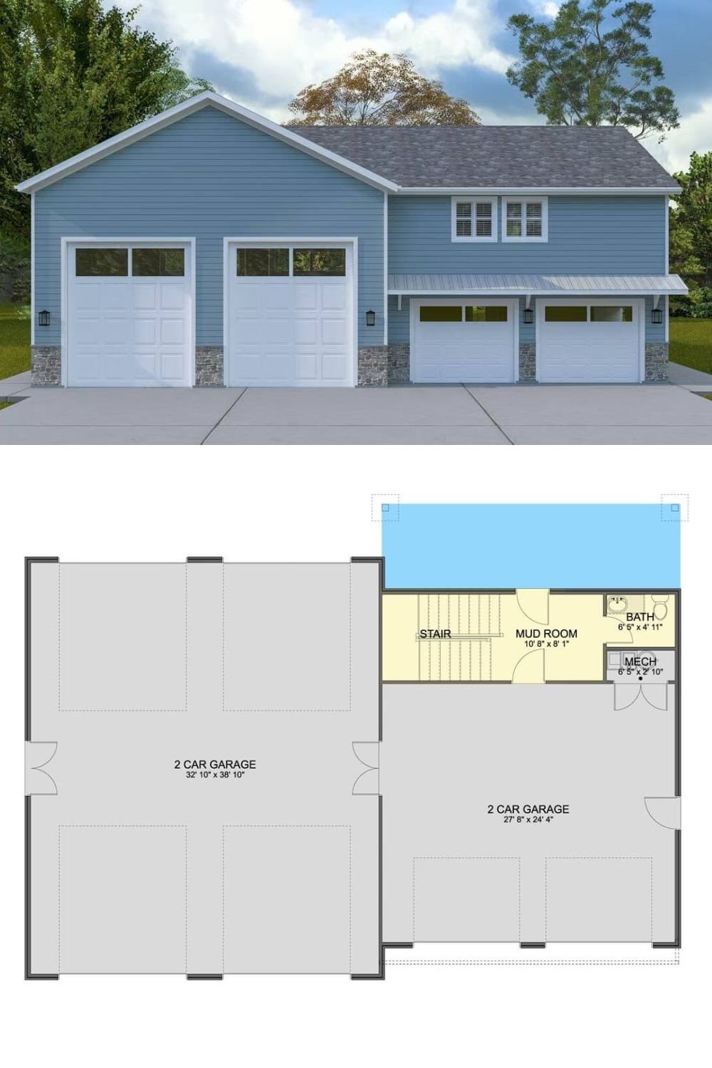 This carriage-style home presents a crisp, contemporary exterior with charming traditional elements. The blue horizontal siding is complemented by crisp white trim, enhancing its neat, symmetrical design. Dual rooflines and stone accents at the base of the façade lend depth and character, while four separate garage bays—two of them taller for oversized vehicles or recreational storage—highlight its functionality and versatility.