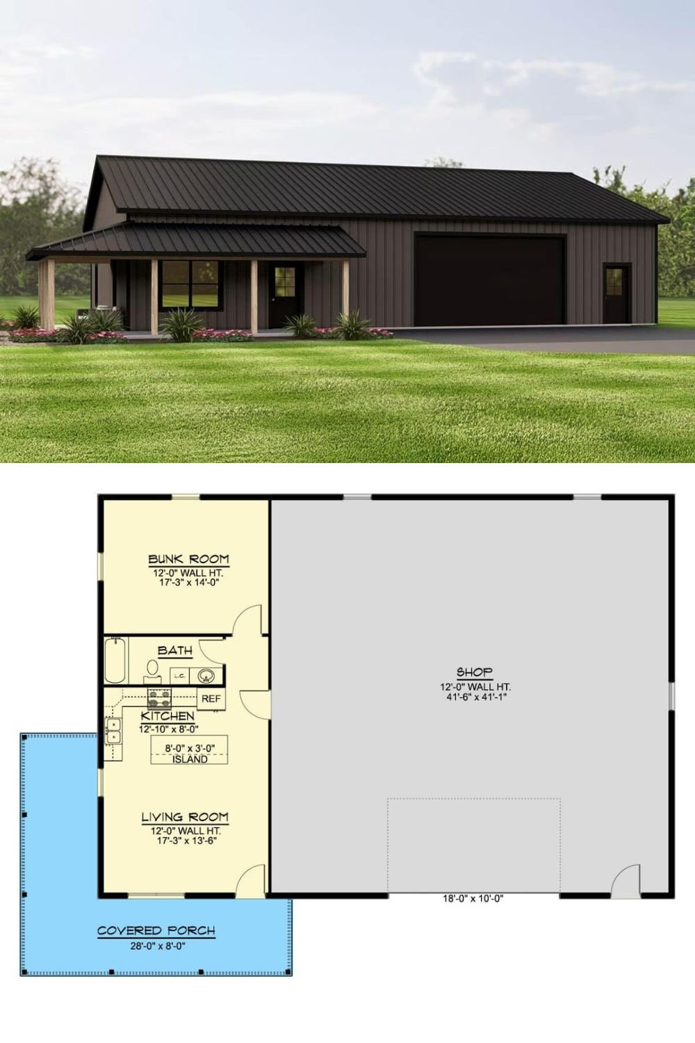 This modern barndominium design features clean lines and a dark-toned metal exterior, combining functional simplicity with contemporary charm. A gabled roof and symmetrical structure emphasize utility, while a covered front porch supported by wood-wrapped columns provides a welcoming entry. The expansive garage door dominates one side of the facade, highlighting the large-scale shop space housed within.