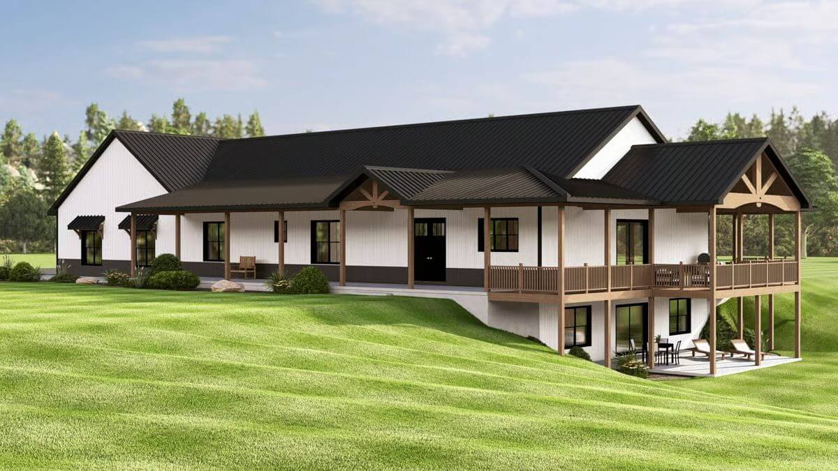 Rustic 3-Bedroom Farmhouse Ranch with Wraparound Porch and Lower Level Expansion (Floor Plan)