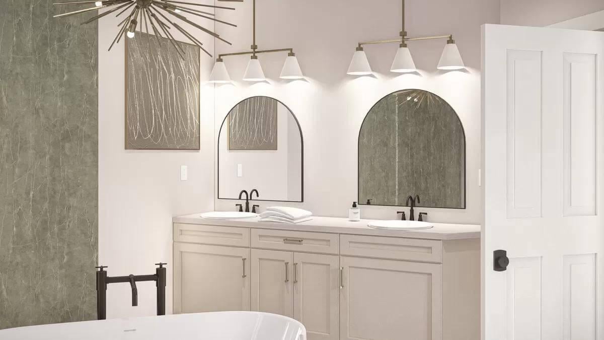Admire the Statement Lighting Over Dual Vanity Sinks in This Stylish Bathroom