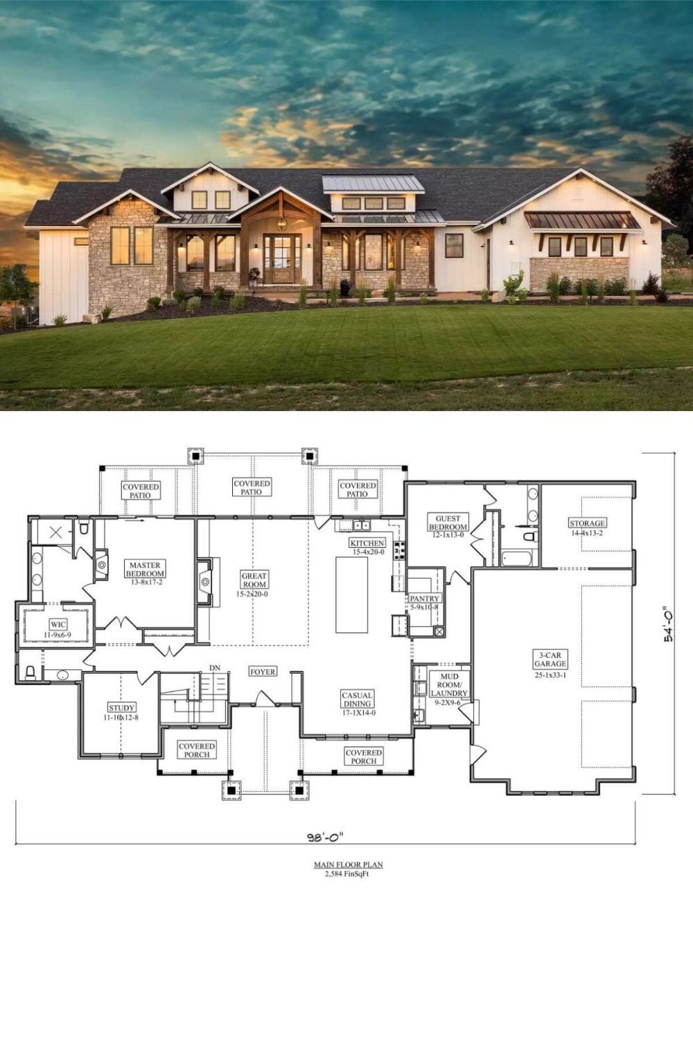 This modern farmhouse features a seamless blend of rustic charm and contemporary elegance showcasing a mix of board-and-batten siding and stonework, complemented by wood accents and exposed beams. The central gabled entry, complete with a glass-paned double door and a hanging lantern, sets a welcoming tone. Flanking the entryway are broad windows under a covered porch, offering a cozy yet sophisticated curb appeal.