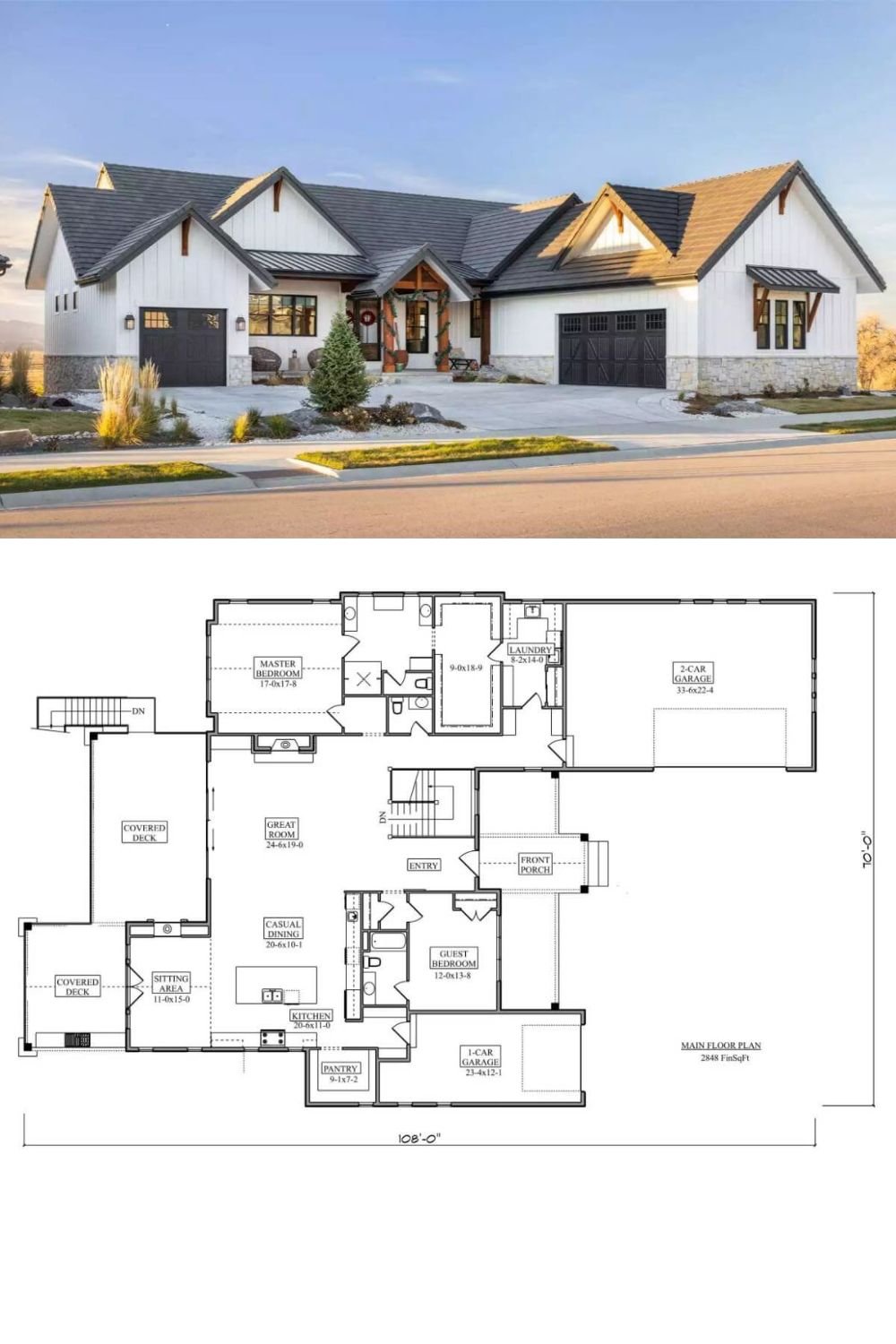 This modern farmhouse-style home showcases a warm, inviting exterior with contrasting dark rooflines and accents set against white vertical siding. The sharply pitched gables, wood brackets, and a welcoming front porch framed by timber posts enhance the architectural charm and curb appeal. Black-framed windows, stone skirting, and dual garage doors with wood-like finishes contribute to the home's sophisticated yet rustic character.