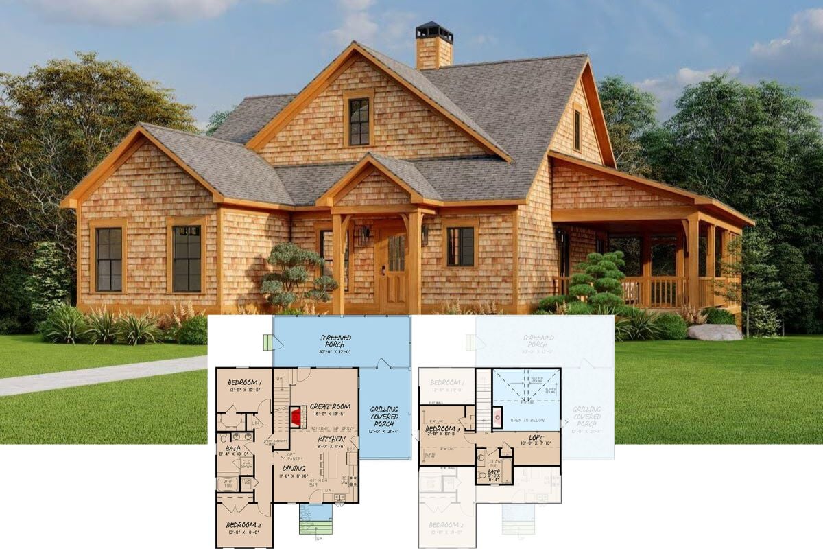 3-Bedroom Cottage with Wraparound Porch and Loft Overlook (Floor Plan)