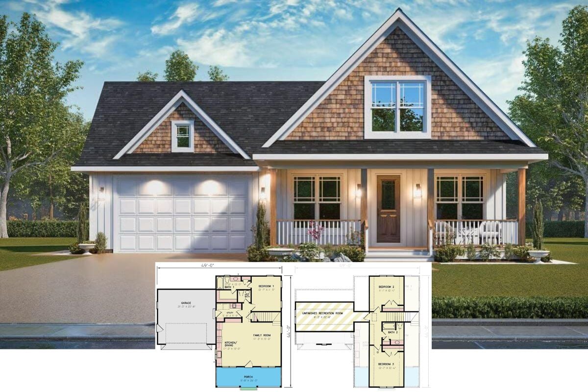 Cottage-Style 3-Bedroom Home with Front Porch and Bonus Room (Floor Plan)