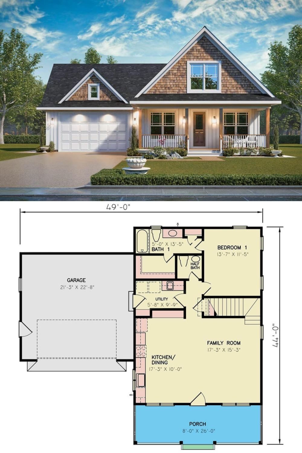 This two-story cottage-style home features a classic exterior with a gabled roofline, a mix of shingle and siding finishes, and a welcoming front porch supported by tapered columns. The front elevation emphasizes symmetry with evenly spaced windows and an inviting central door, offering a warm, timeless appeal that blends seamlessly with its natural surroundings.