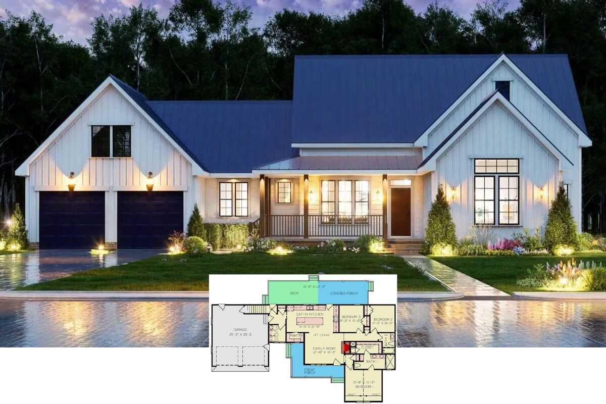 Farmhouse-Style 3-Bedroom Home with Double Garage and Open-Concept Living (Floor Plan)