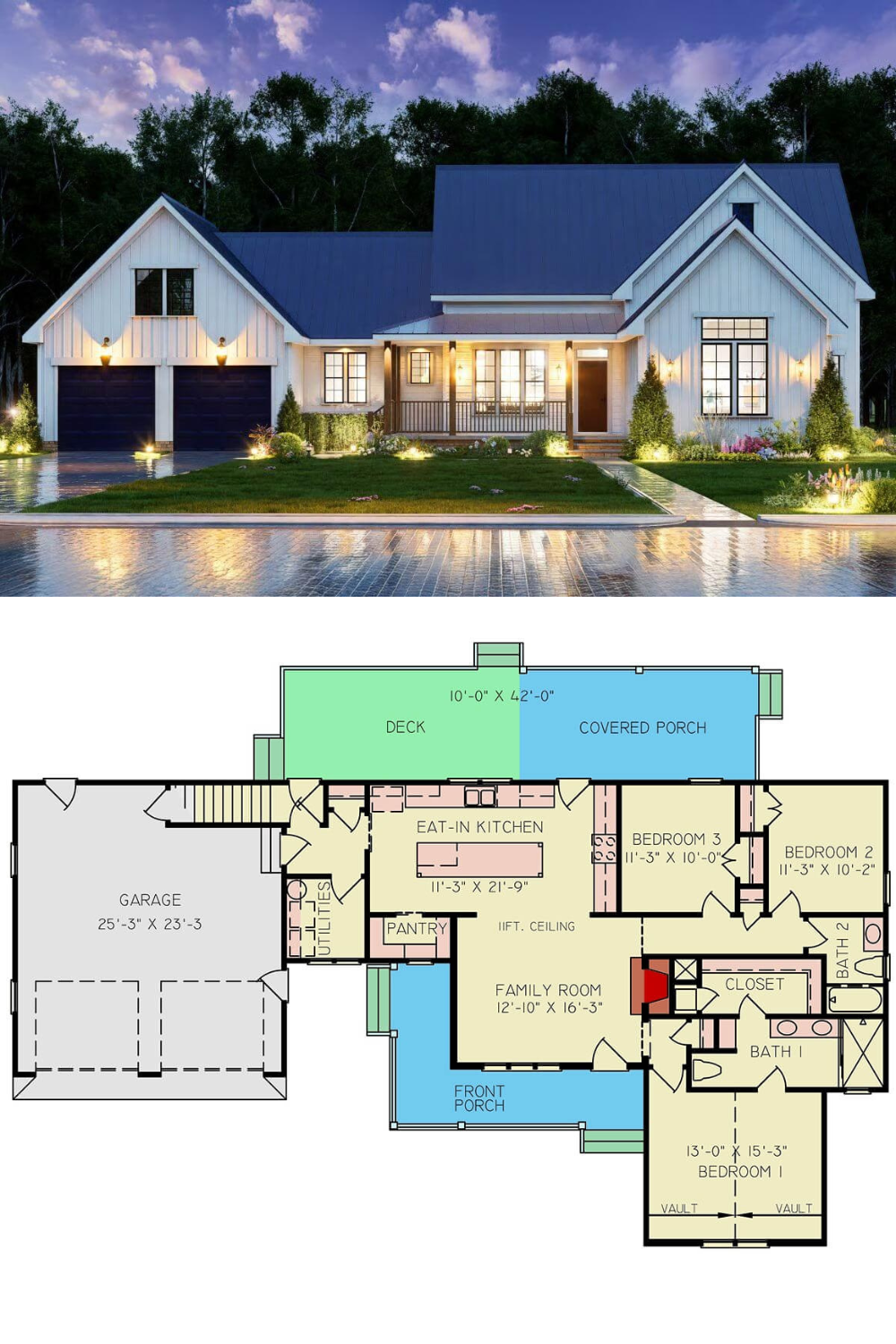 This modern farmhouse showcases a striking facade with crisp white vertical siding paired with dark window frames and a standing seam metal roof. The symmetrical twin gables and central front porch contribute to its welcoming curb appeal. Rich wood accents around the entryway add warmth and contrast, complementing the home's clean architectural lines and expansive windows that promise bright, airy interiors.