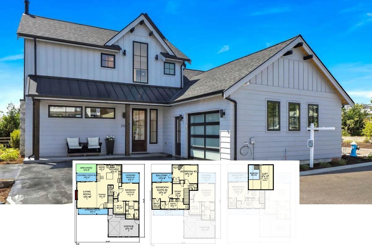 3-Bedroom Modern Farmhouse with Multiple Lofts and Covered Patios (Floor Plan)