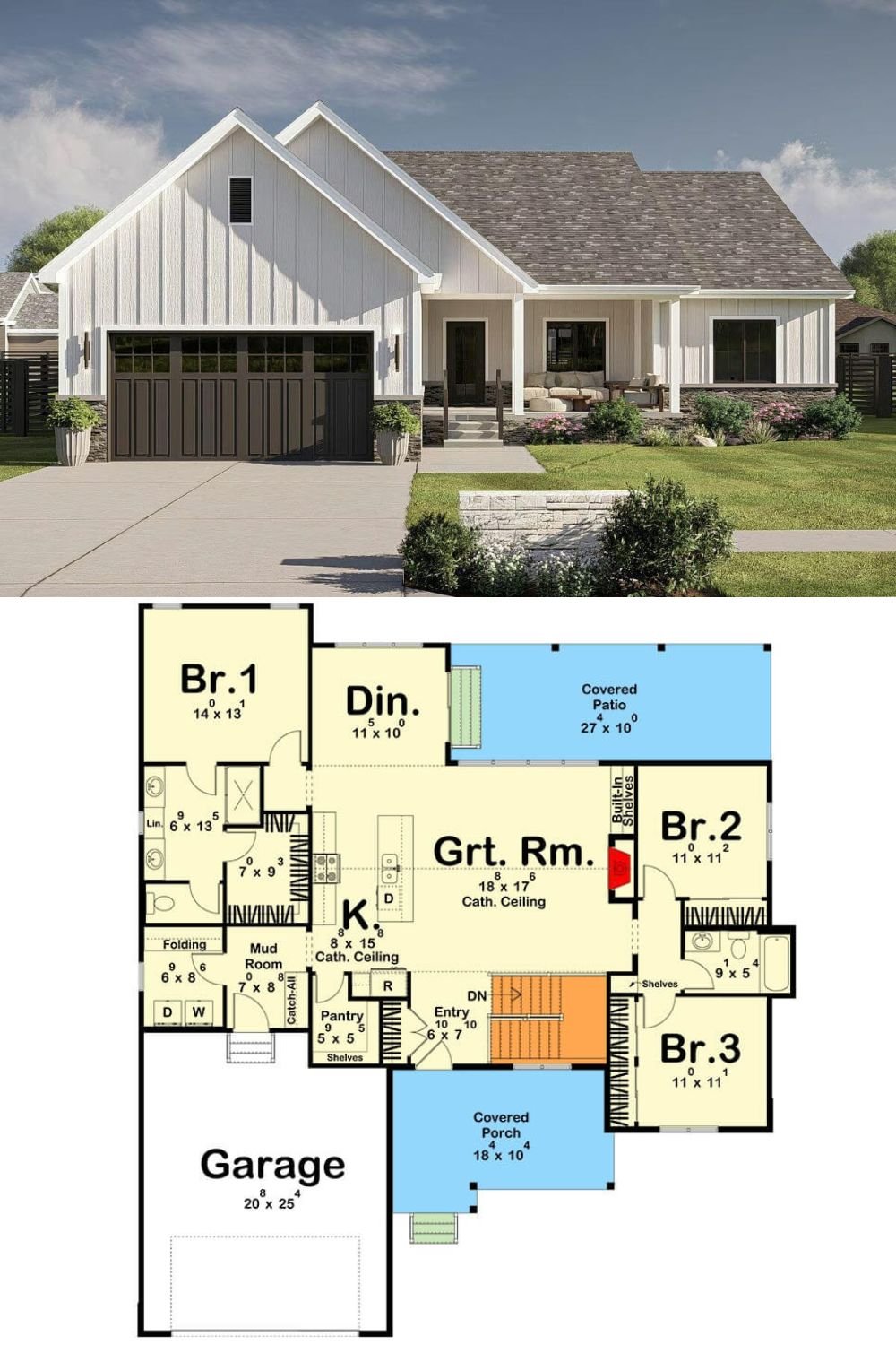 This single-story modern farmhouse captures timeless appeal with its clean vertical board-and-batten siding, neutral palette, and charming gabled rooflines. The dark-framed garage door and front entry add contrast to the otherwise soft, light-toned exterior. A cozy front porch furnished for outdoor lounging extends a welcoming presence, balancing simplicity and style with refined farmhouse details.