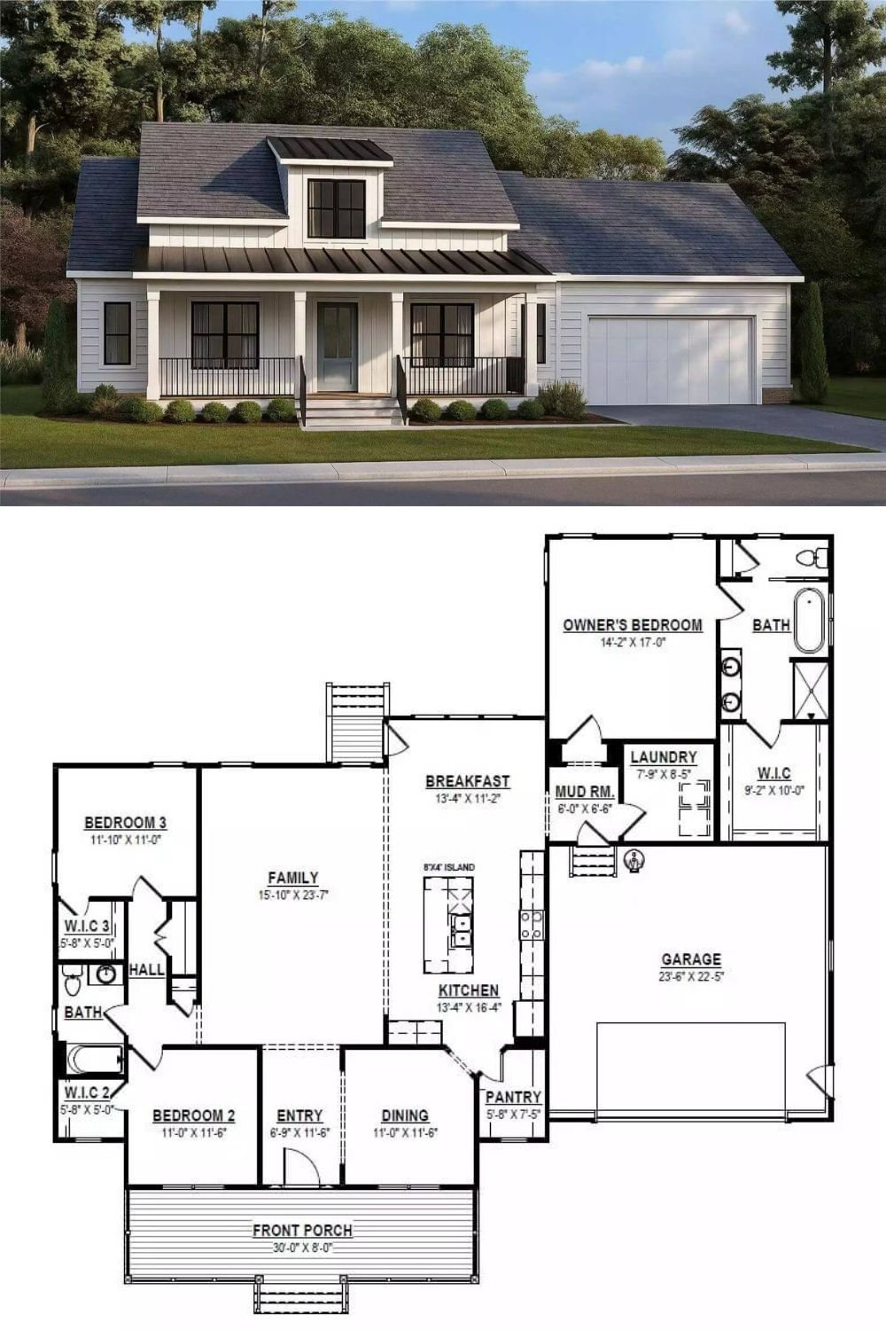 This charming modern farmhouse blends traditional design with contemporary flair. The façade features vertical siding, a dark standing seam metal roof over the front porch, and bold black-framed windows. Clean lines and a muted palette contribute to the timeless aesthetic of this single-story home with an optional basement level.