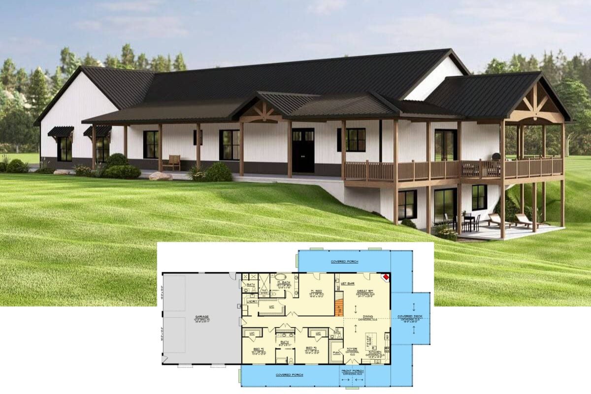 Rustic 3-Bedroom Farmhouse Ranch with Wraparound Porch and Lower Level Expansion (Floor Plan)
