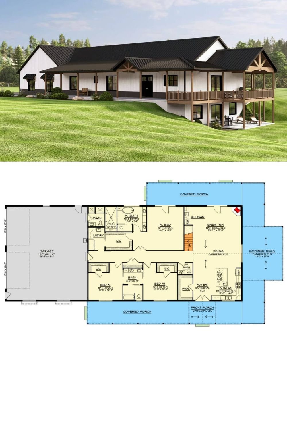This striking rustic farmhouse features a contemporary twist with its clean vertical siding, bold black metal roof, and timber-framed accents. The exterior presents a crisp monochrome palette enhanced by warm wood columns and gable brackets, creating an inviting yet modern ranch aesthetic. A series of covered porches and decks wrap around the home, offering ample outdoor living space that connects seamlessly with the scenic surroundings.