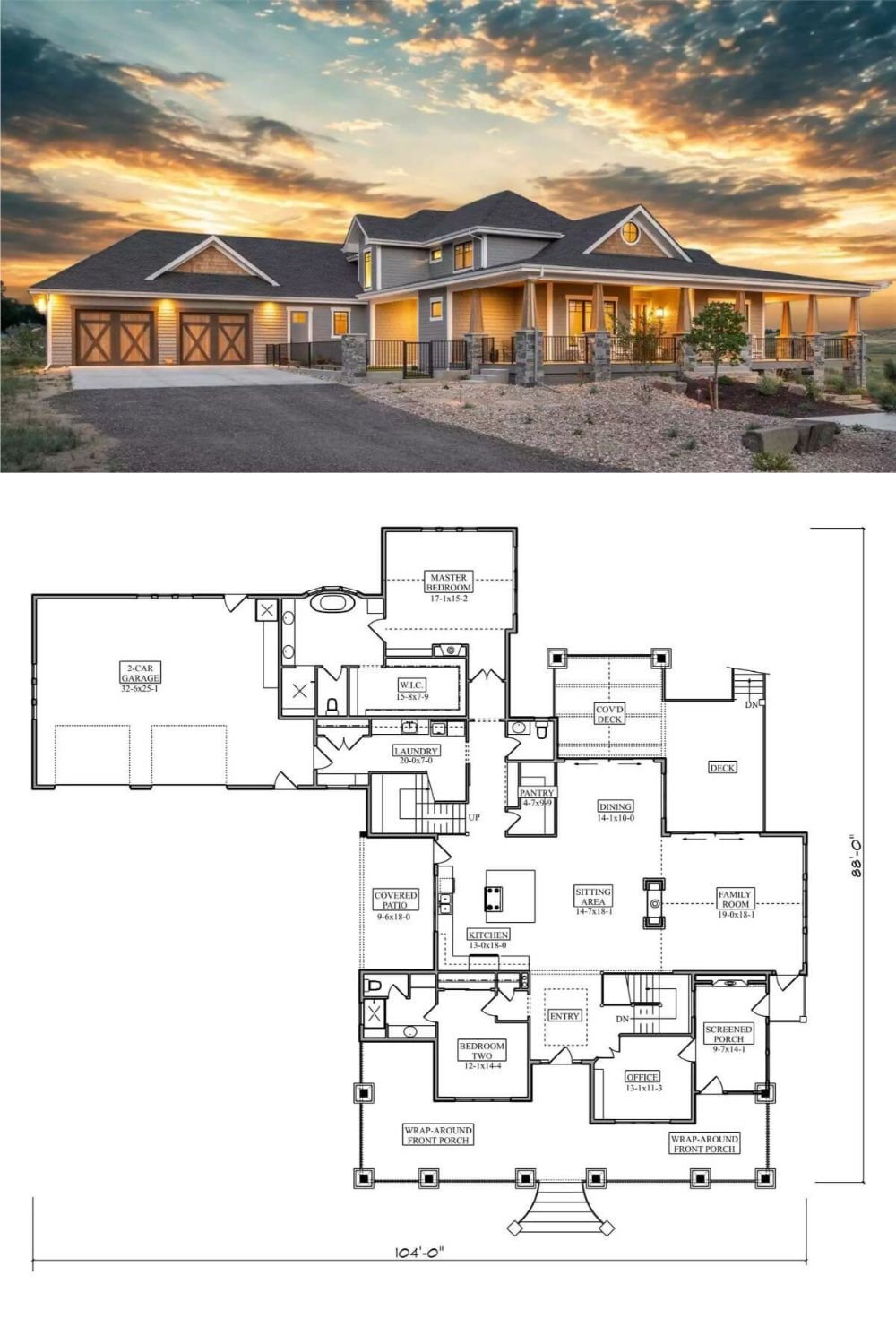 This country-style home features a warm, inviting exterior with classic details and modern flair. Its facade is clad in horizontal siding complemented by board and batten accents in the gables, while natural stone pillars and rustic wood columns add character to the expansive wraparound porch. A side-entry garage with barn-style doors blends seamlessly into the architectural design.