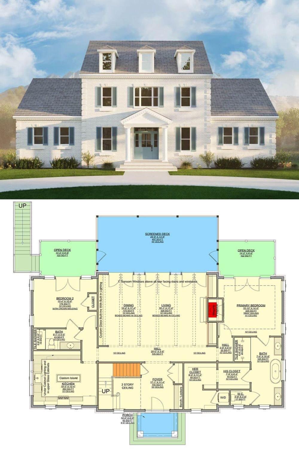 This classic Colonial-style residence exudes timeless elegance with its symmetrical façade, white painted brick exterior, and steeply pitched slate-like roof. The prominent central entry is framed by a traditional pediment and columns, emphasizing the home’s stately charm. Shutters add a pop of soft color to the double-hung windows, while three dormers on the third floor bring balance to the roofline and enhance the interior’s natural light.