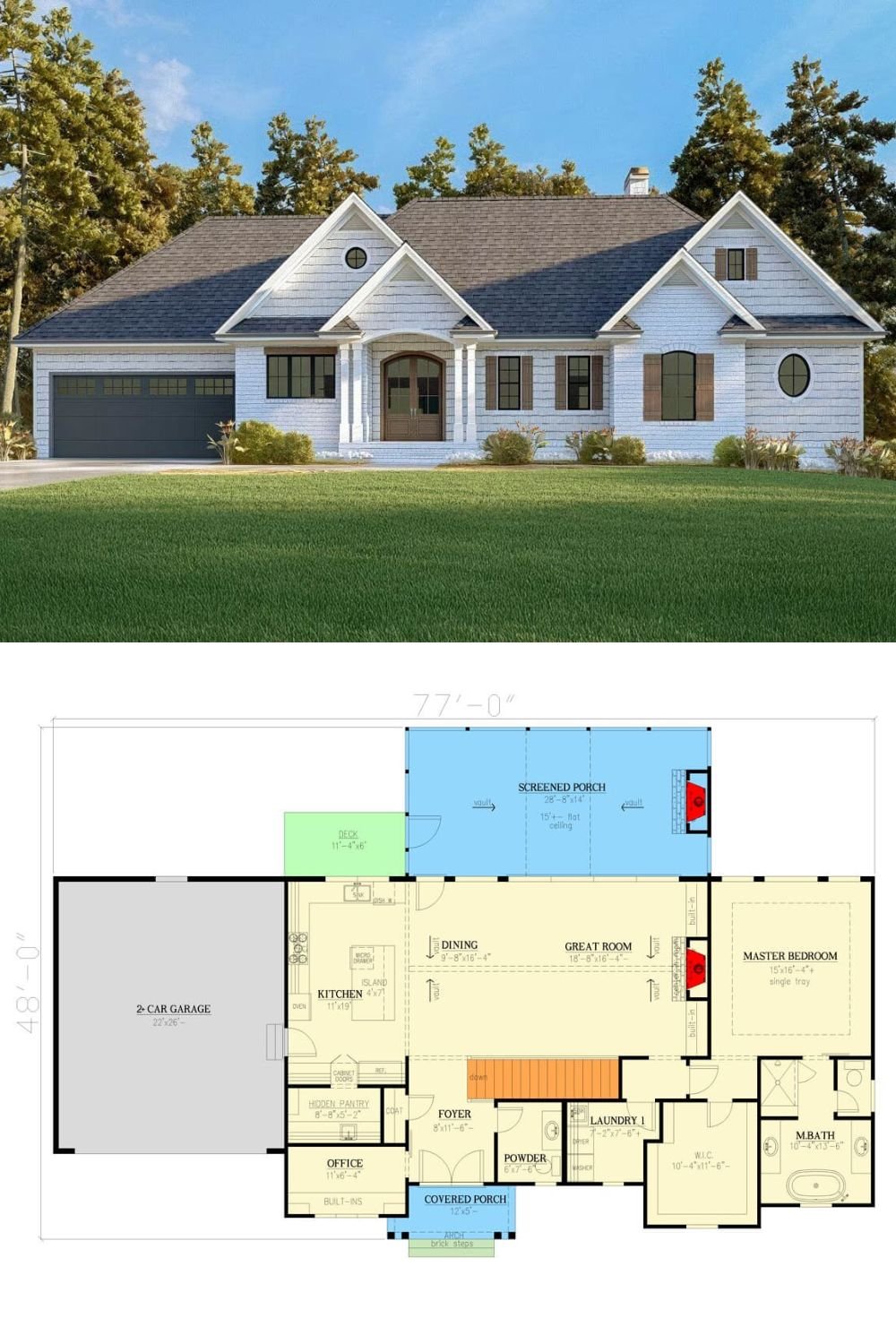 This cottage-style home showcases a clean and timeless exterior design with white-painted brick, gabled rooflines, an arched entryway, and a pair of elegant columns flanking the front door. Dark window frames and shutters contrast beautifully with the light facade, while round and rectangular windows add architectural interest. A covered front porch with brick steps provides a welcoming entrance that reflects classic cottage charm.