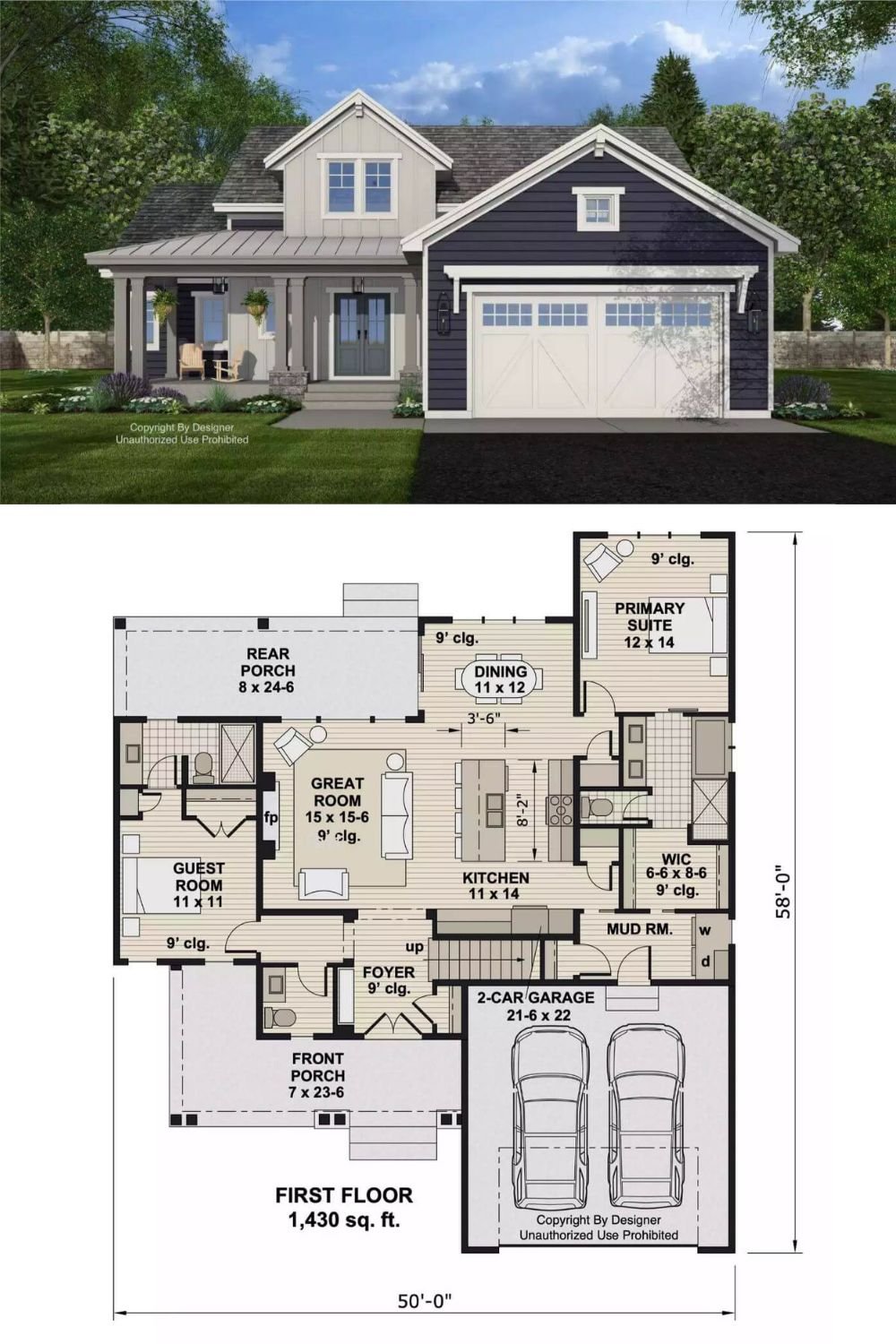 This farmhouse-style home features a clean, classic exterior with contrasting siding tones, a covered front porch, and charming dormers that add curb appeal and character. The symmetrical design and front-facing garage blend modern function with timeless style, while the covered entry with columns and overhead lighting welcomes guests warmly.