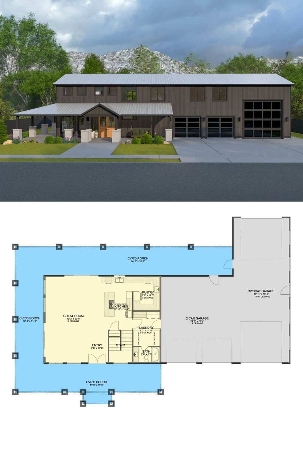 This modern barndominium blends bold architectural lines with sleek materials, featuring a dark metal exterior, crisp trim, and a low-pitched metal roof. The facade is anchored by a central gable that frames the covered front entry, supported by sturdy posts with a transitional mix of wood and masonry. Large garage doors, including an oversized bay for RV or boat storage, underscore the home’s practical yet stylish design.