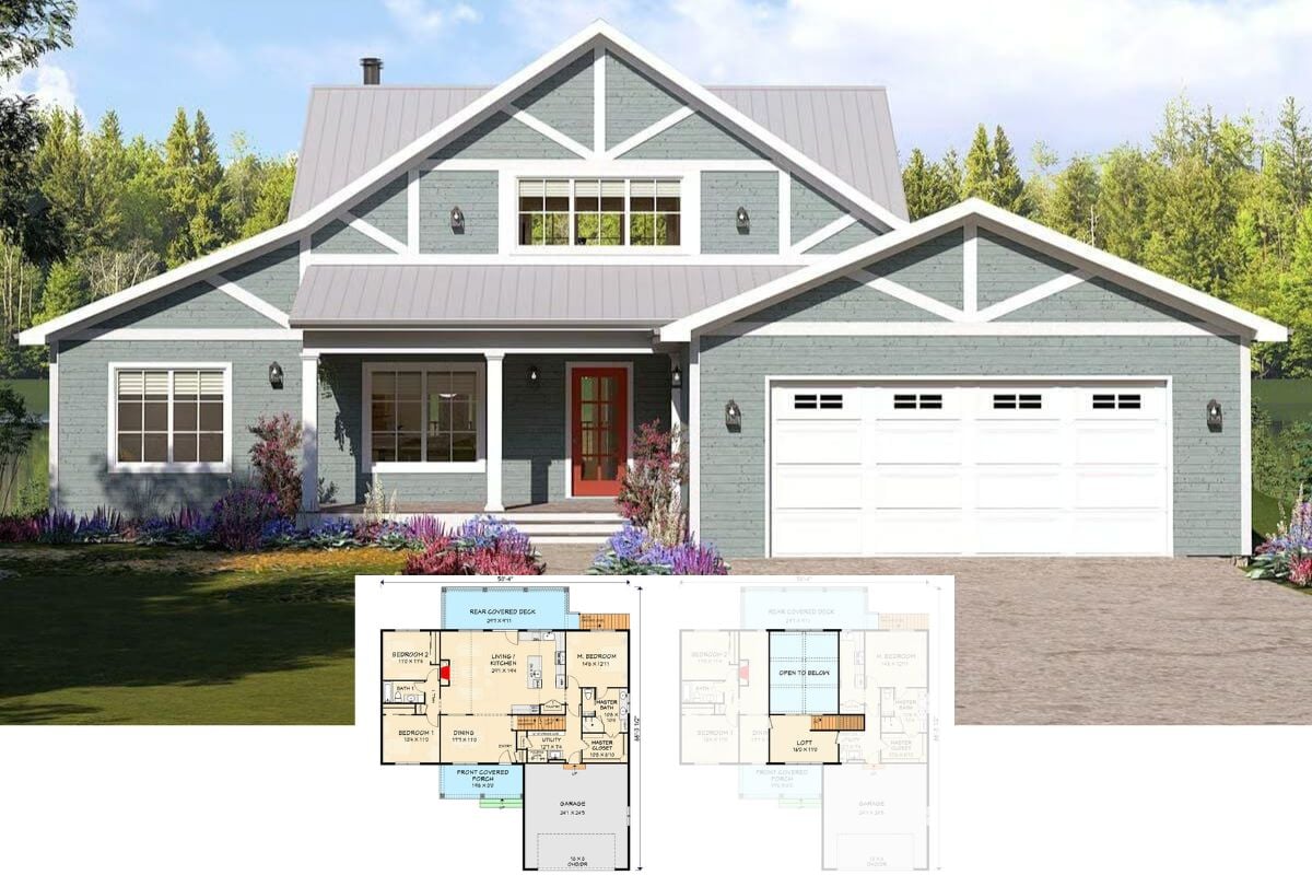 4-Bedroom Modern Farmhouse for a Sloped Lot with Loft and Double Garage (Floor Plan)