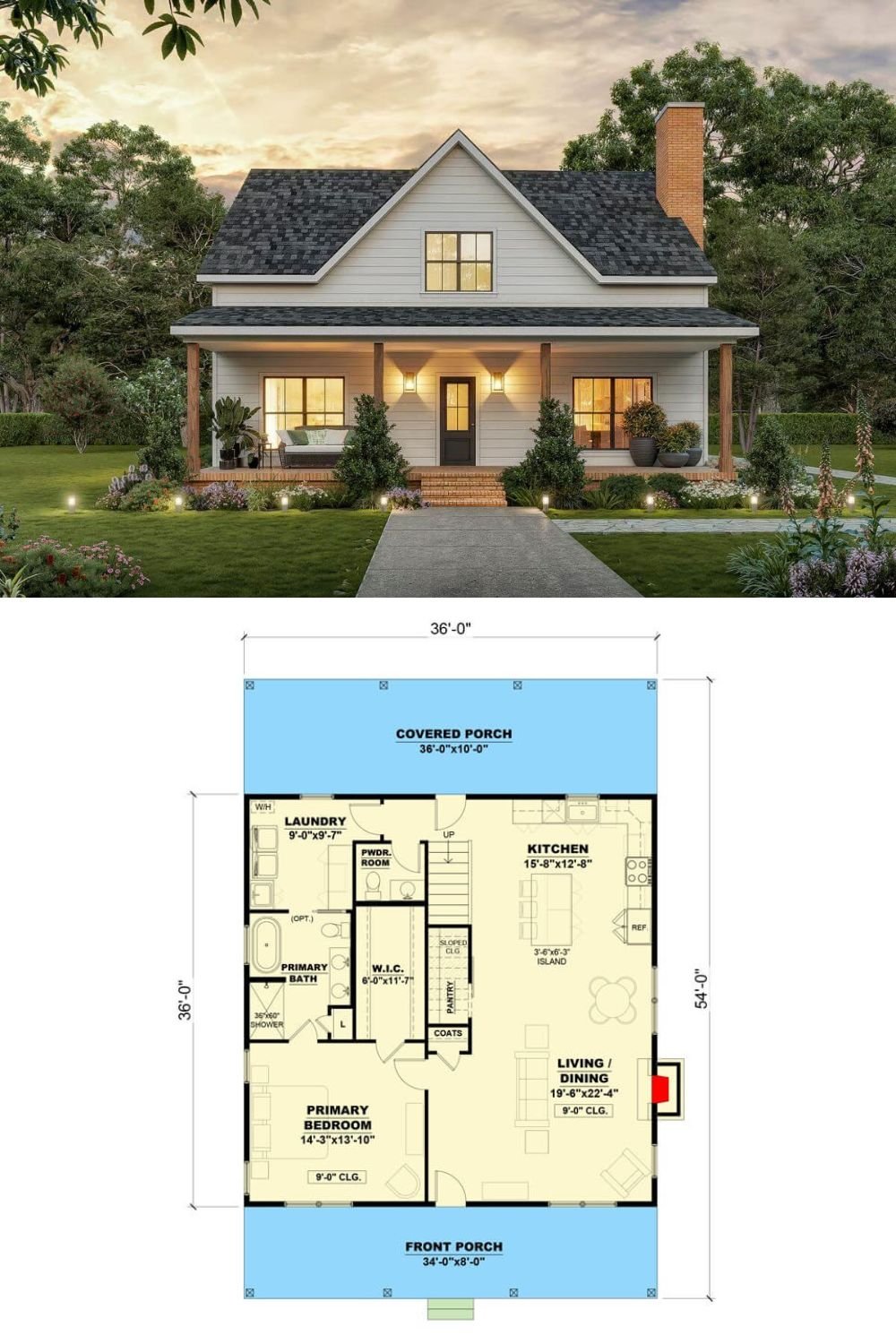 This charming farmhouse-style home presents a warm and inviting exterior with a symmetrical design, prominent gable roof, and a deep front porch supported by rustic wood columns. The light-colored horizontal siding complements the dark roof shingles and brick chimney, contributing to a classic and timeless appearance. Large windows allow for ample natural light and create a connection between the indoor and outdoor spaces.