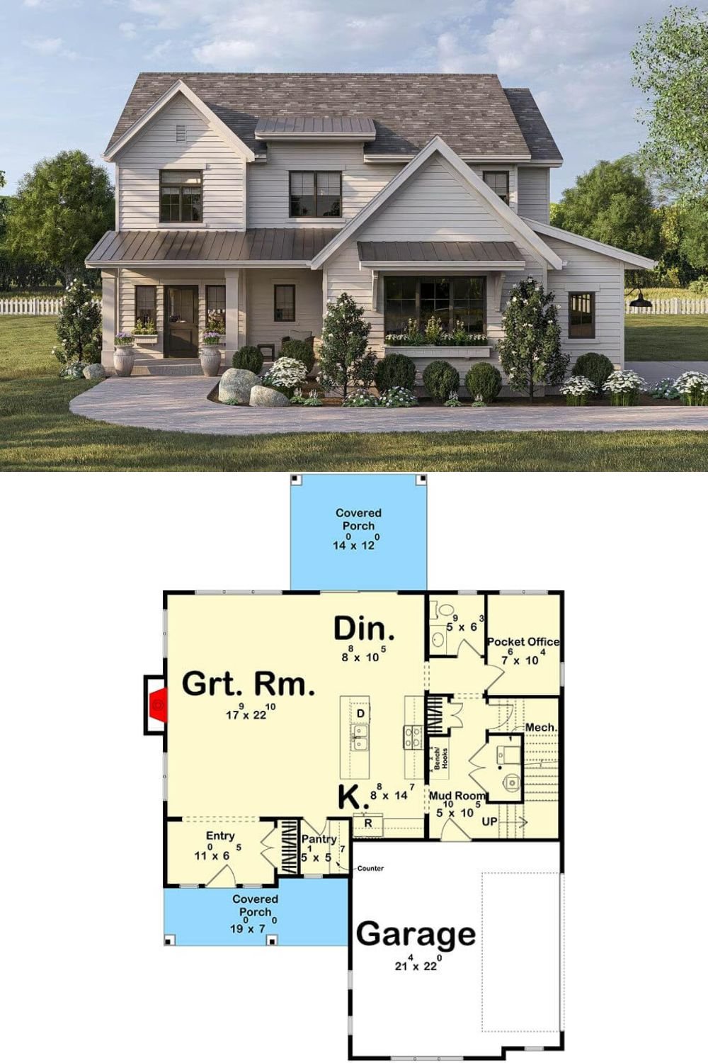 This modern farmhouse design blends timeless charm with updated simplicity. The facade features classic horizontal siding, gable roofs, and black-framed windows, complemented by a covered front porch that adds to the welcoming aesthetic. A secondary roofline over the front-facing gable brings variation and balance to the overall appearance.