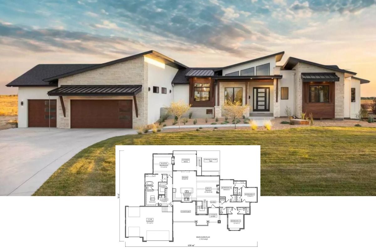 Modern 4-Bedroom Mountain-Style Kelowna Home with Courtyard and 3-Car Garage (Floor Plan)