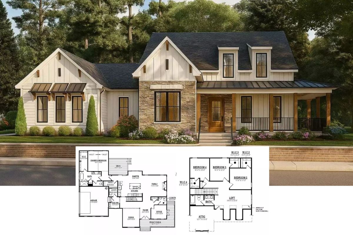 Farmhouse-Style 4-Bedroom Riveria Home with Loft and Wraparound Porch (Floor Plan)