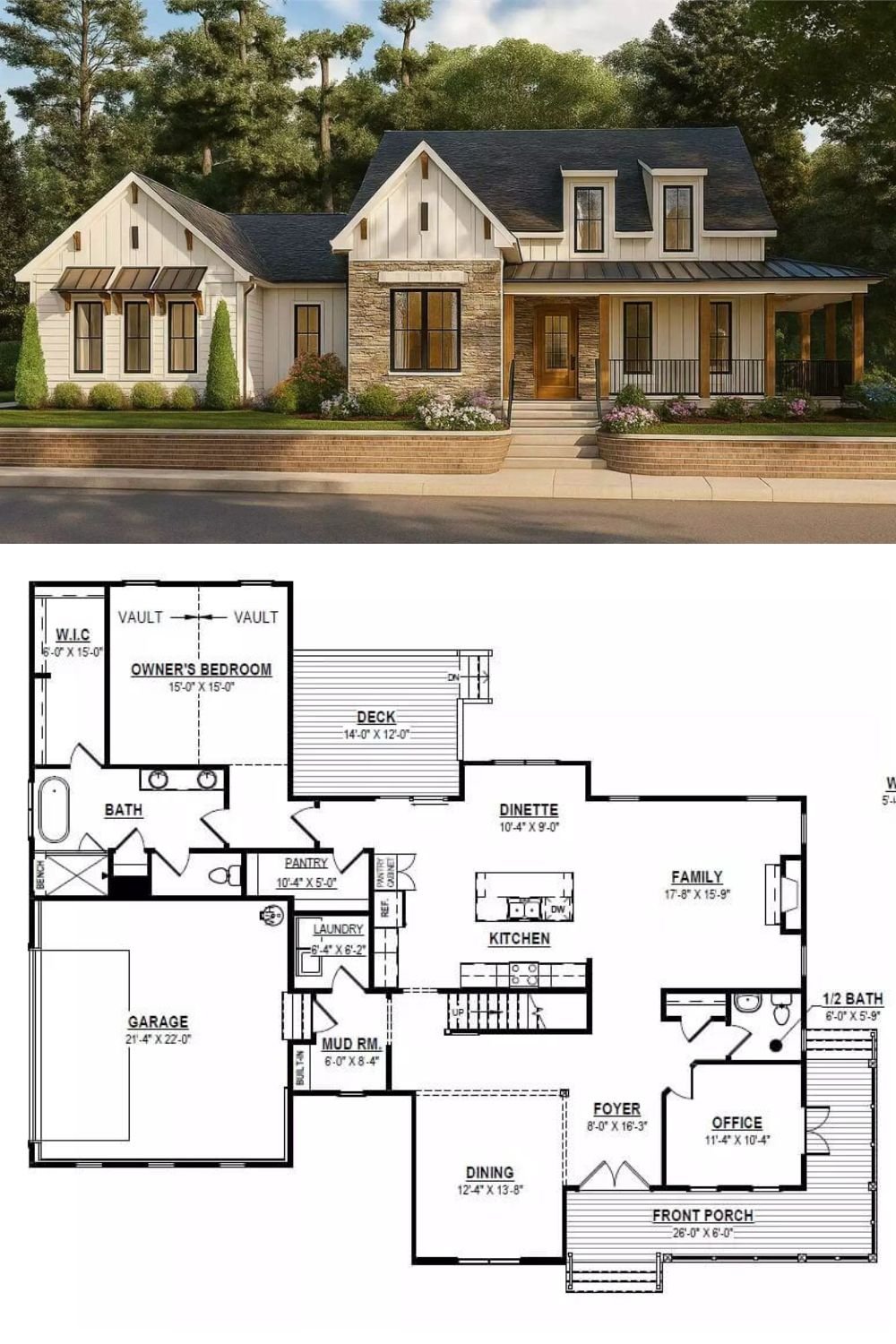 This farmhouse-style home showcases a charming mix of vertical board and batten siding, standing seam metal roofing over select windows, and stone accents that add texture and visual interest. Gabled rooflines and dormer windows contribute to the timeless appeal, while a welcoming covered front porch stretches across the front, supported by wooden posts and enclosed with simple black railing—perfect for enjoying peaceful mornings or relaxed evenings.