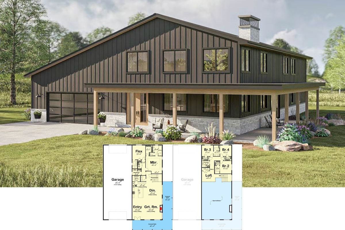 5-Bedroom Barndominium with Loft, Flex Room, and Wraparound Porch (Floor Plan)