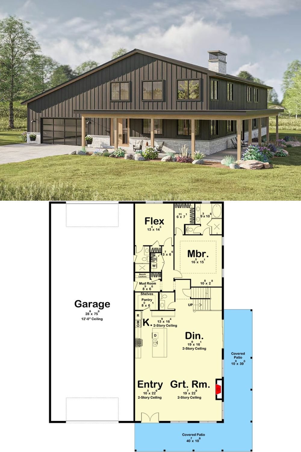 This modern barndominium showcases a bold yet welcoming exterior defined by sleek vertical siding in a dark finish, a metal roof, and extensive wraparound covered patios. Large windows enhance the façade with symmetry and ample natural light, while the stone accents on the lower walls add texture and grounding. A prominent stone chimney and wood posts lend a rustic edge to the contemporary aesthetic, and a spacious two-car garage with glass-paneled doors integrates seamlessly into the design.