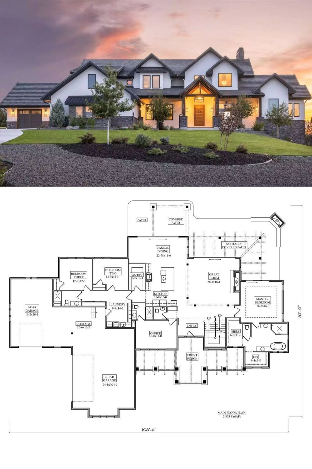 This modern Craftsman home features a clean white stucco exterior, dark trim, and bold rooflines. The front elevation combines stonework, large windows, and exposed beams over the entry for a strong, welcoming look. Sharp geometric lines create a polished, contemporary feel.