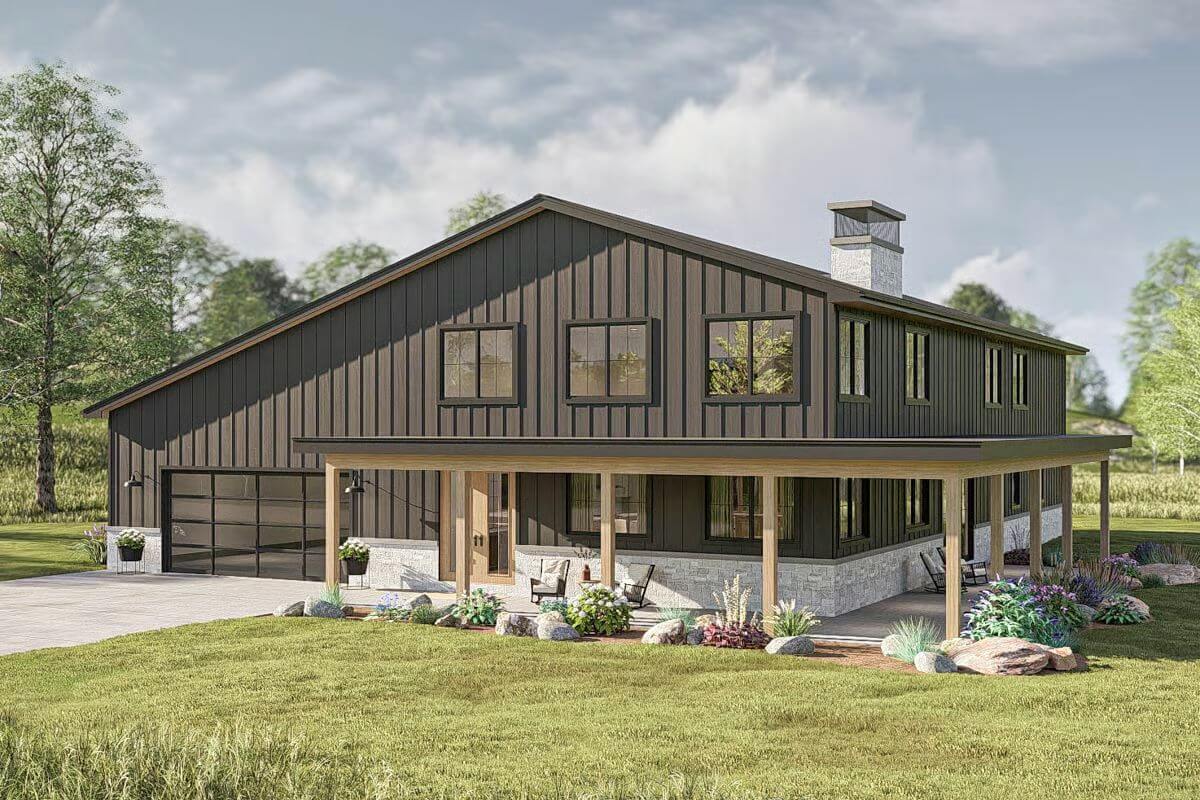 5-Bedroom Barndominium with Loft, Flex Room, and Wraparound Porch (Floor Plan)