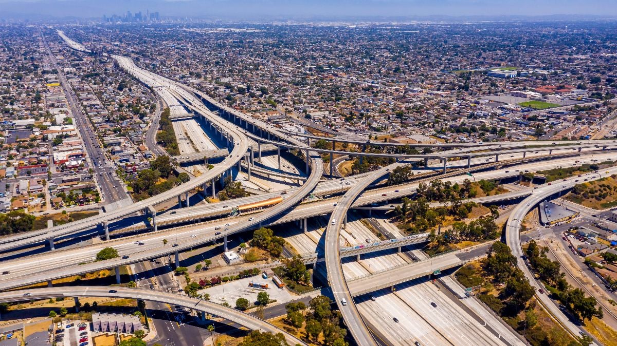 110-105 interchange freeway over looking Los Angeles.
