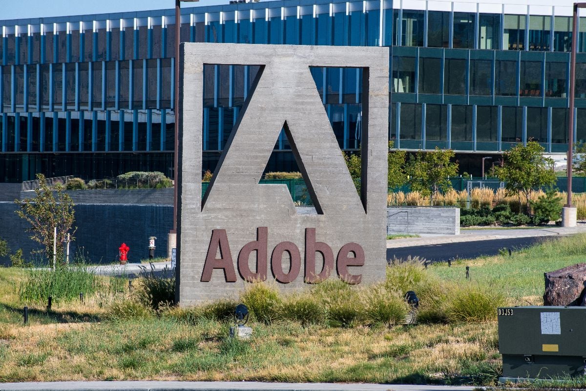 Exterior view of Adobe logo sign in Lehi, Utah.