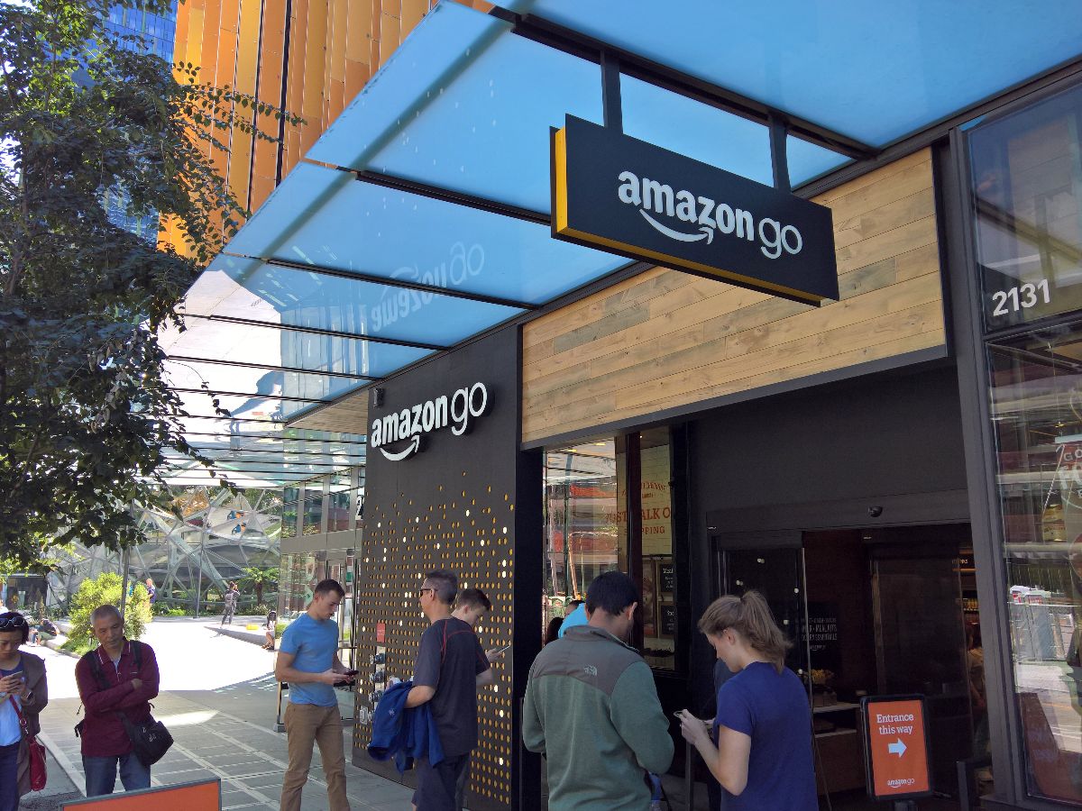 Shoppers enter the Amazon Go store in Downtown Seattle.