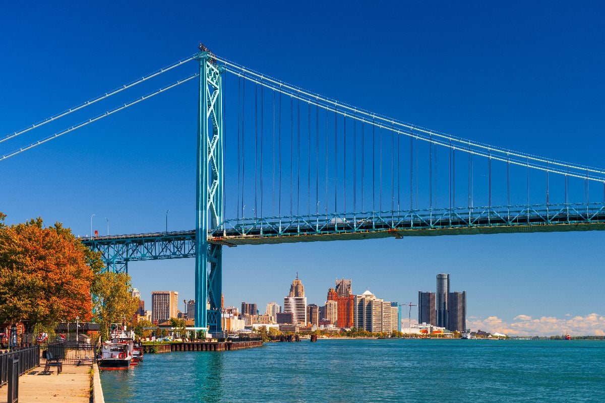 Ambassador Bridge which spans to Windsor, Ontario, Canada.