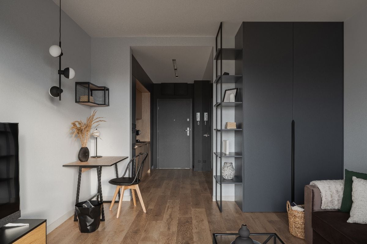 Micro apartment for one, with living room open to home office and kitchen in corridor.