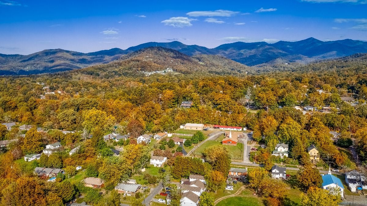 Aerial view of Asheville neighborhood during the Fall.
