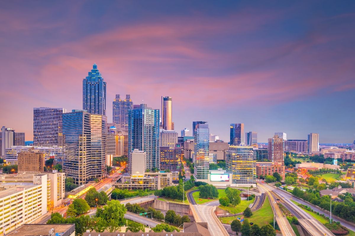 Skyline of Atlanta city at sunset.