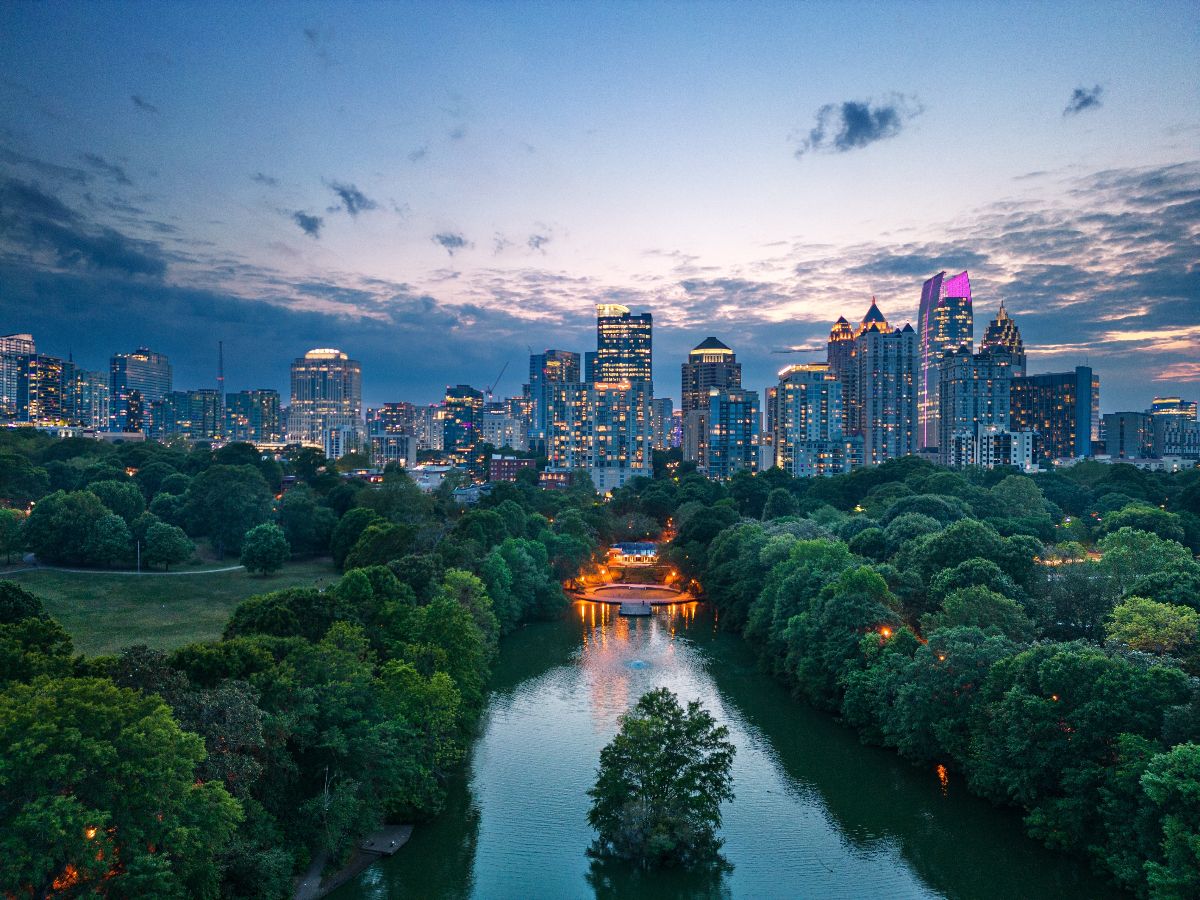 Atlanta overlooking Piedmont Park at dusk.
