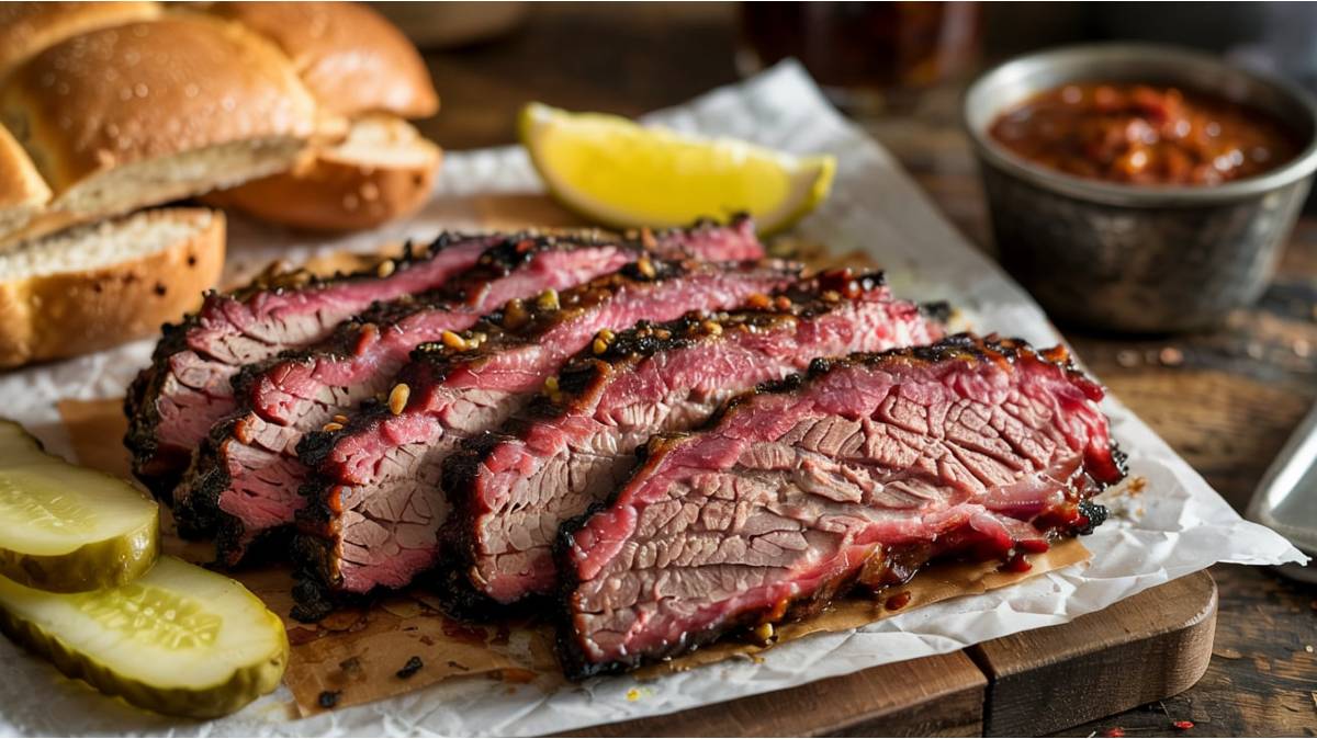 Slow-smoked Texas beef brisket served with pickles, white bread, and BBQ sauce on the side.
