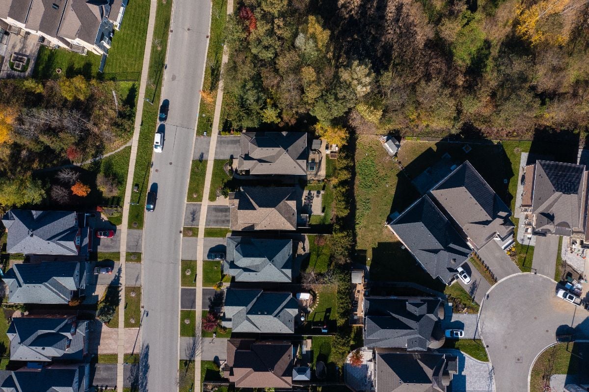 Aerial view of Bloomington suburban neighborhood.