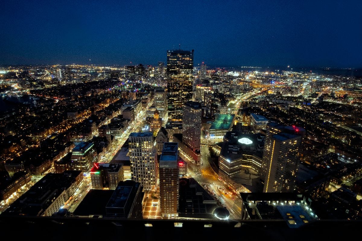 Aerial view of Boston at night.