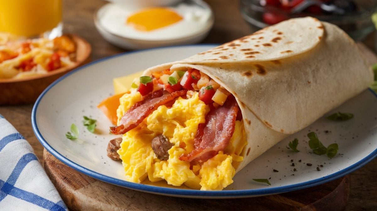 A warm tortilla filled with scrambled eggs, cheese, sausage or bacon, and potatoes.