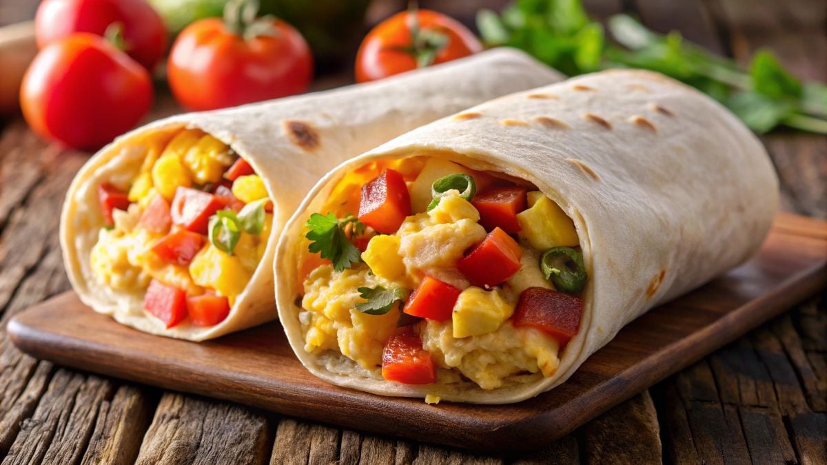 Breakfast burrito on a rustic table.