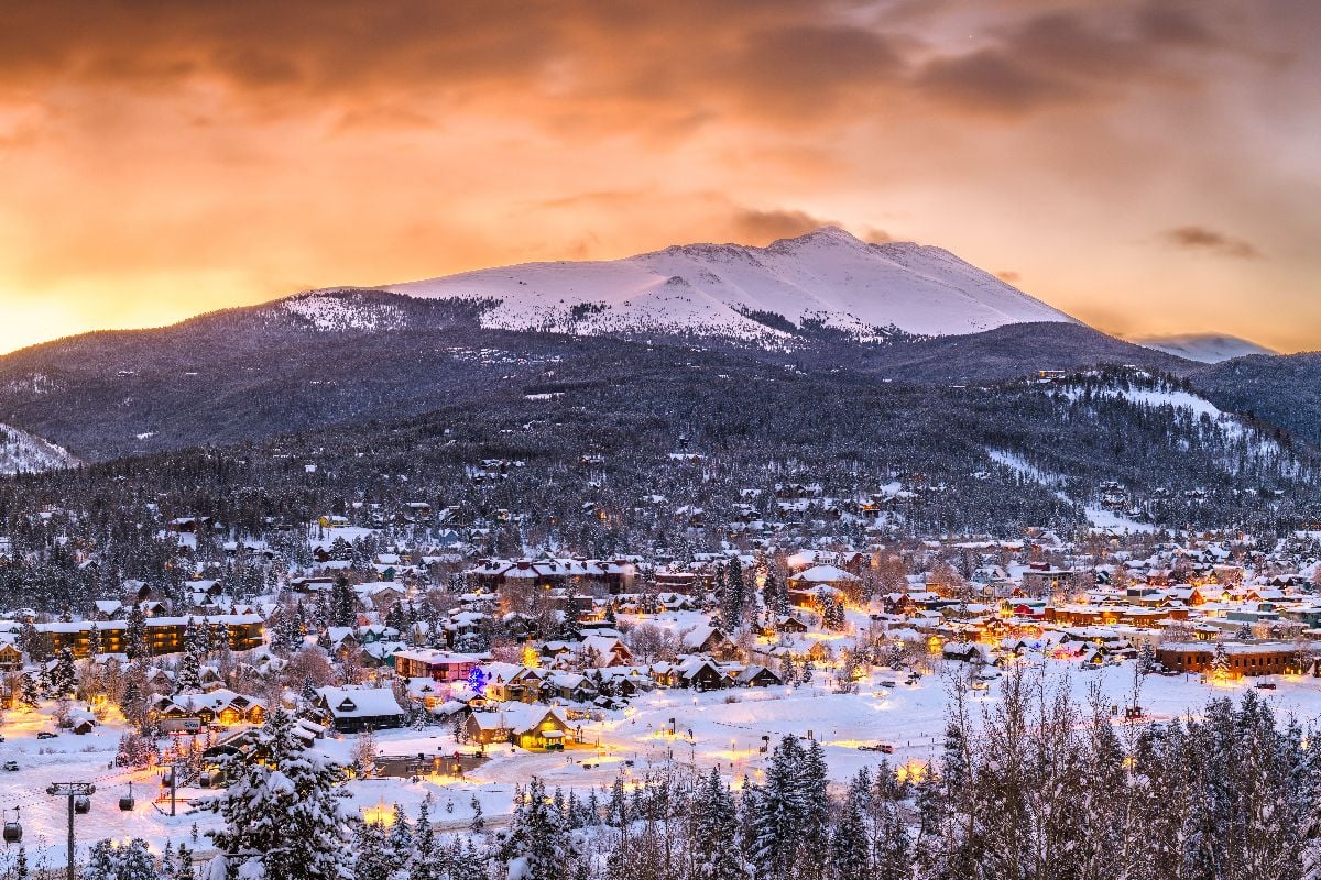 Breckenridge, Colorado town skyline in winter at dawn.