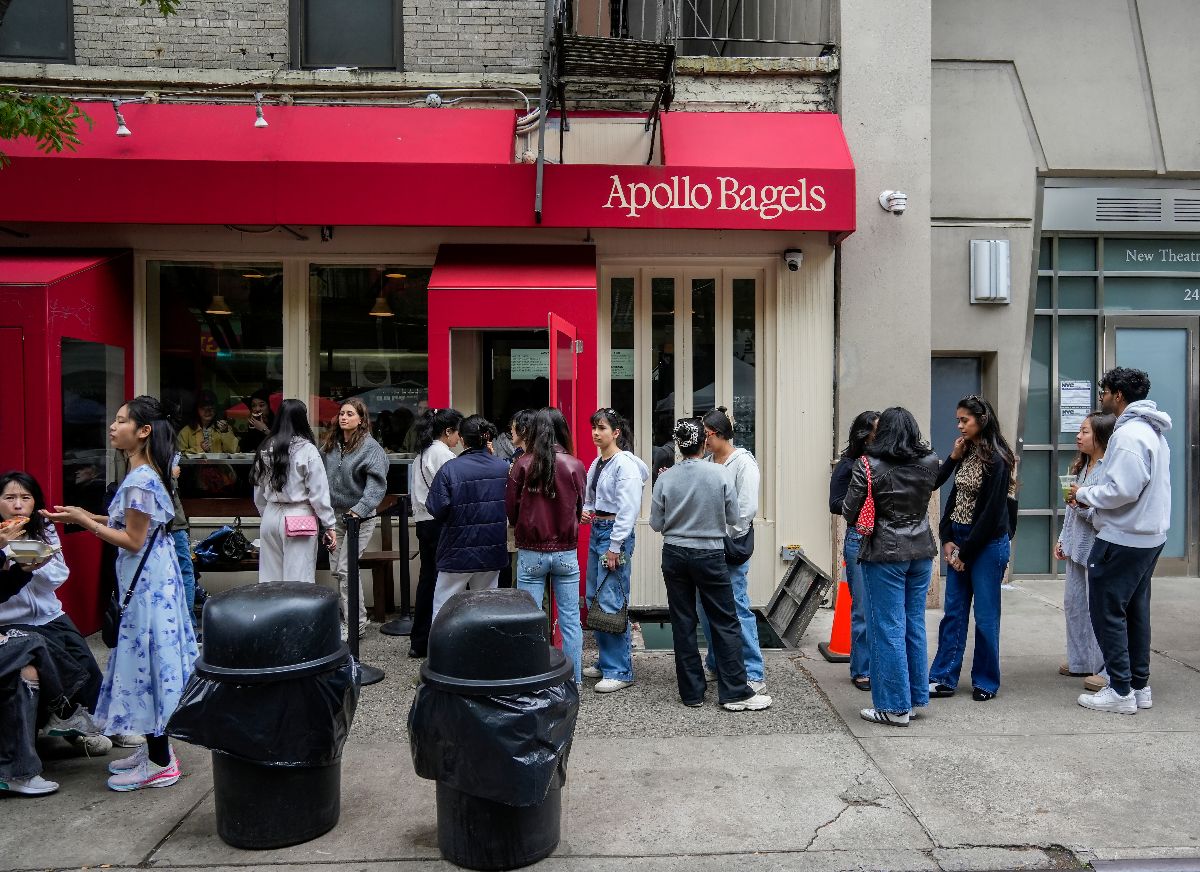 Line forms for sourdough bagels outside the Apollo Bagels.