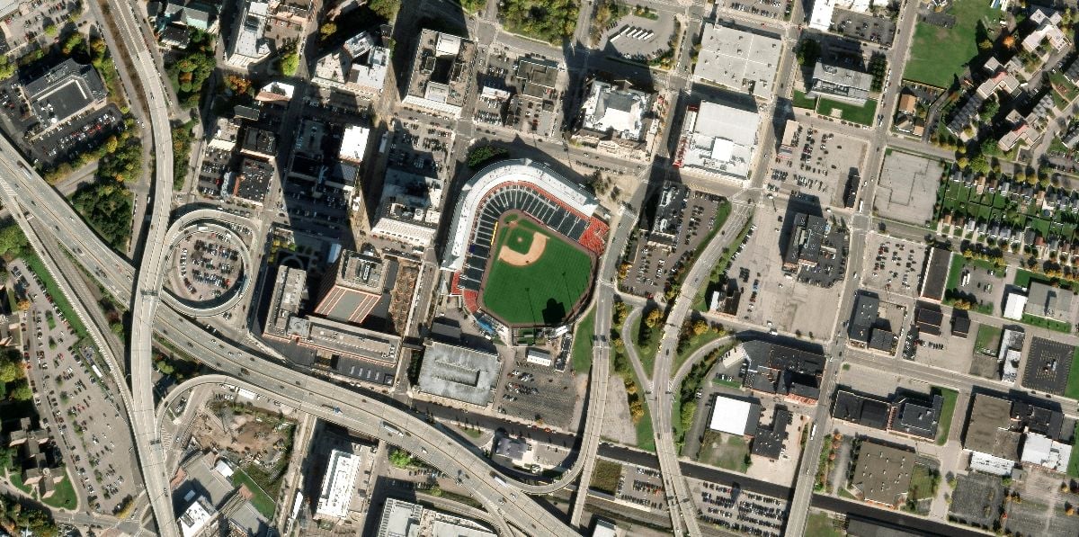 Aerial view of the Sahlen Baseball Field in Buffalo, New York.