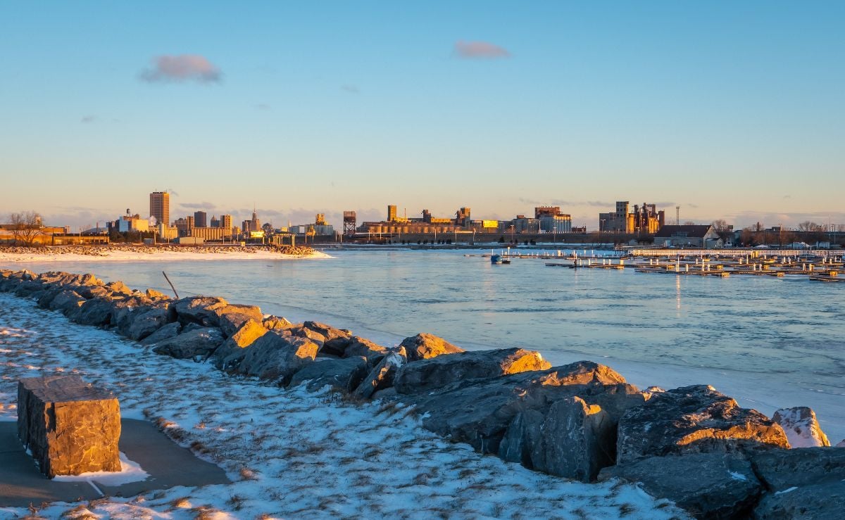 View of Buffalo from the Small Boat Harbor during Sunrise in a cold winter day.