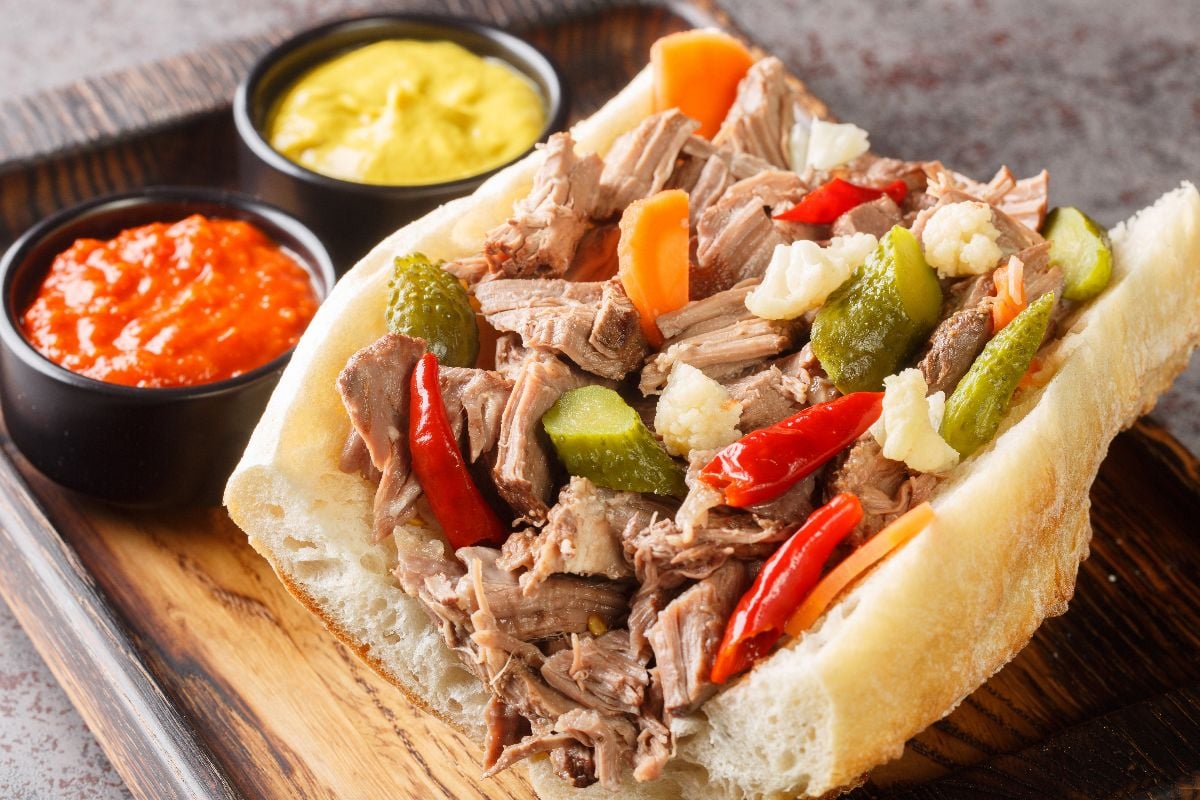 Homemade Chicago Italian beef sandwich with giardanarra.