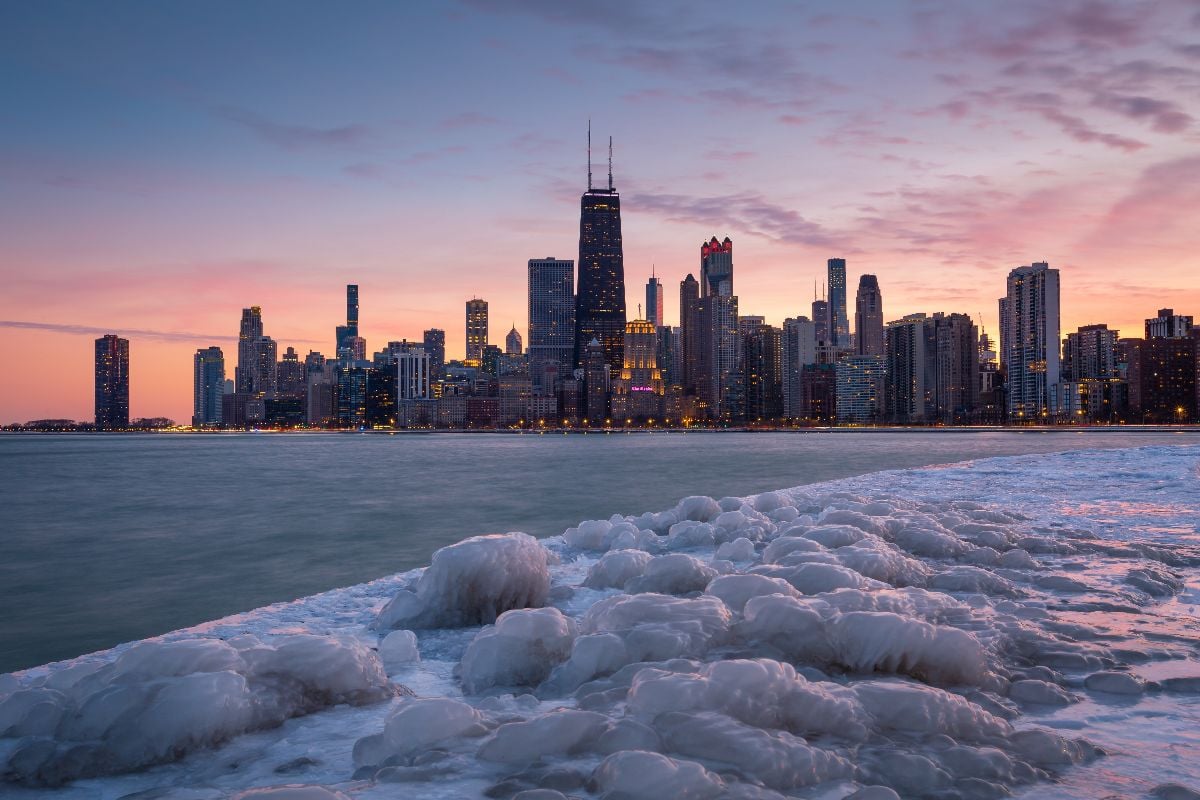 View of the Chicago downtown over lake Michigan.